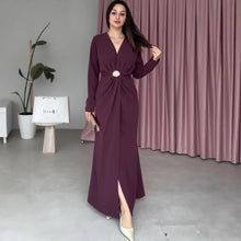 Load image into Gallery viewer, Fall V neck Long Sleeve Waist Controlled Pleated Women Dress