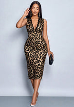 Load image into Gallery viewer, Slim Fit Leopard Print Sleeveless High Waist Sheath Elegant Deep V Plunge neck Dress