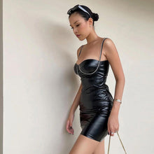 Load image into Gallery viewer, Women Clothing Leather Imitation Drill Chain Autumn Winter Sexy Slim Strap Sheath Dress