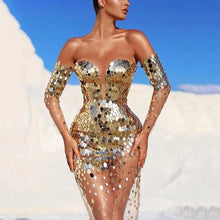 Load image into Gallery viewer, Summer Women Clothing Dress Sequined off Shoulder Sexy Mesh See through Long Evening Dress
