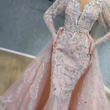 Load image into Gallery viewer, Women Dress Sexy V Neck Long Sleeve Gold Trailing Evening Dress