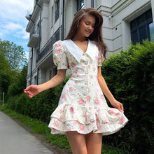 Load image into Gallery viewer, French V neck Puff Sleeve Dress Summer Waist Trimming Printing Short Dress Ruffled Dress