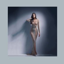 Load image into Gallery viewer, Spring Rhinestone Women Clothing Mesh See through Long Sleeve Split Maxi Dress