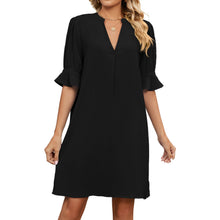 Load image into Gallery viewer, Summer Solid Color V neck Loose Pleated Half Length Sleeve Dress Women