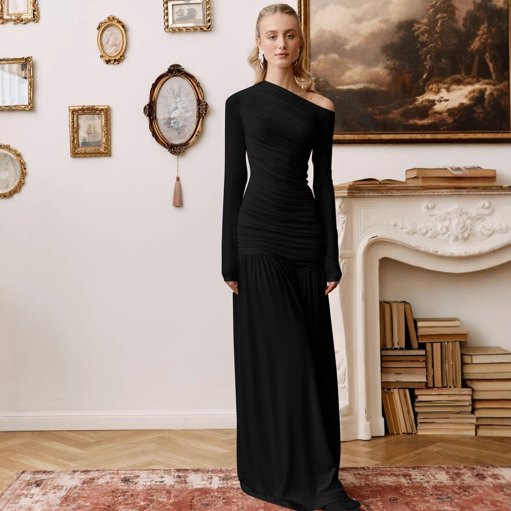 Women Clothing Autumn Solid Color One Shoulder Cold Shoulder Long Sleeve Stitching Dress