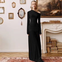 Load image into Gallery viewer, Women Clothing Autumn Solid Color One Shoulder Cold Shoulder Long Sleeve Stitching Dress