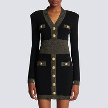 Load image into Gallery viewer, Spring Autumn Women Clothing Gold Silk Stitching High Quality Long Sleeve Waist Trimming Knitted Dress