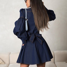 Load image into Gallery viewer, Denim Shirt Dress Niche Design Lantern Sleeve Lace up Graceful Fashionable Dress