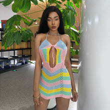 Load image into Gallery viewer, Wave Striped Contrast Color Product Mother Halter Straps Backless Chest Hollow Out Cutout Sexy Woolen Short Dress Women
