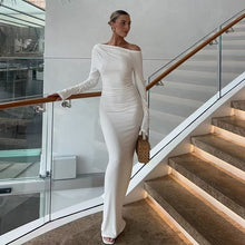 Load image into Gallery viewer, Sexy Women Clothing Sloping-Shoulder off the Shoulder Long Sleeve Slim Fit Pleated Long Socialite Dress