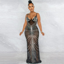 Load image into Gallery viewer, Rhinestone Sexy Spaghetti Straps Corset Mesh See through Maxi Dress