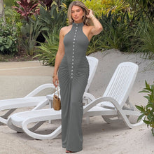 Load image into Gallery viewer, French Women Autumn Slim Fit Crumpled Button round Neck Sleeveless Dress for Women
