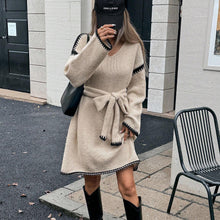 Load image into Gallery viewer, Idle Tie Waist Trimming Loose Knitted V neck Long Sleeve Fall Mid Length Dress Women