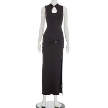 Load image into Gallery viewer, Women Clothing Spring Metal Buckle Half Turtleneck Sleeveless Sheath Slit Pleated Dress