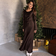 Load image into Gallery viewer, Satin Round Neck Long Sleeved Dress Women Clothing Autumn Elegant Sheath Dress