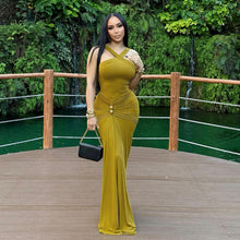 Load image into Gallery viewer, Autumn Winter Women Clothing Cross Halter Solid Color Pleated Waist Tight Slimming Fishtail Dress