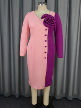Load image into Gallery viewer, Cool Contrast Color Color Matching Rose Dress Party Cocktail V neck Long Sleeve Mid Length Dress
