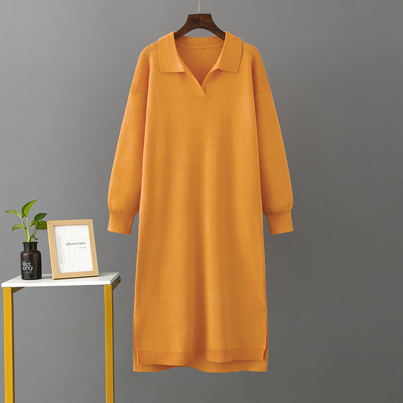 Autumn Winter Polo Collar Base Knitting Loose Solid Color Women Dress