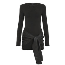 Load image into Gallery viewer, Women Solid Color Leather Stitching Tight Long Sleeved Dress Mature Sexy Pullover Sheath Lace Dress