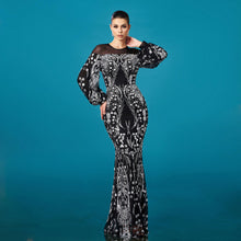 Load image into Gallery viewer, High Grade Long Sleeved round Neck Cocktail Sequined Sheath Fishtail Evening Dress Bridesmaid Dress