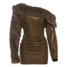 Load image into Gallery viewer, Autumn Winter Women Fur Collar Long Sleeve Solid Color Pleated Sexy off Shoulder Sexy Dress