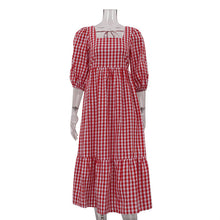 Load image into Gallery viewer, Autumn Red Plaid Square Collar Half Sleeve Lace up French Dress Women Casual Dress