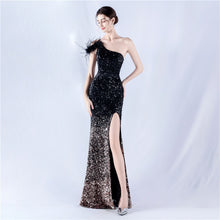 Load image into Gallery viewer, Dress Gradient Velvet Bottom Sequin Craft Order Ostrich Feather One Shoulder Diagonal Collar High Fork Evening Dress