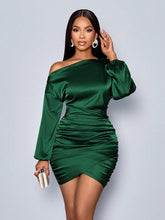 Load image into Gallery viewer, Women Autumn Oblique Shoulder Long Sleeve Satin Dress Sexy Dress