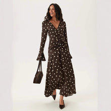 Load image into Gallery viewer, Polka Dot Long Sleeve Dress Summer Women Pleating V neck Flared Sleeves Waist Dress
