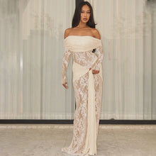 Load image into Gallery viewer, Women Clothing Autumn Elegant Lace Patchwork Maxi Dress off Shoulder Long Sleeve Tied Dress
