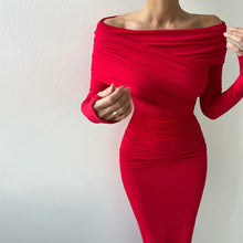 Load image into Gallery viewer, Spring Dress Women Off Shoulder Long Sleeve Waist Controlled Hip Dress Elegant Retro Red