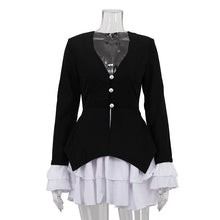 Load image into Gallery viewer, Women Clothing Black White Color Contrast Short Dress V neck Flared Sleeves Elegant A line Dress