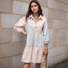 Load image into Gallery viewer, Fresh Pink Blue Contrast Color Striped Collared Lantern Sleeve Tiered Swing Loose Stitching Shirt Dress