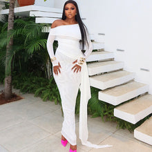 Load image into Gallery viewer, Women Clothing Solid Color Dress Sexy Off Shoulder Long Sleeve Mesh Stitching Dress