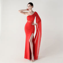 Load image into Gallery viewer, Single Shoulder Crossbody Stitching Mesh Design Satin Slim Cocktail Dress Evening Dress