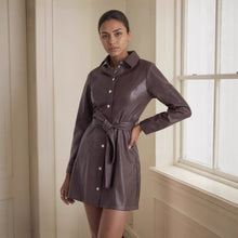 Load image into Gallery viewer, Mid Length Leather Coat Dress with Belt Spring Autumn Long Sleeve Faux Leather Trench Coat British Leather Coat Women
