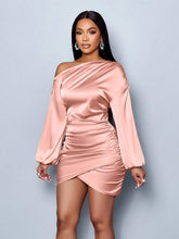 Load image into Gallery viewer, Women Autumn Oblique Shoulder Long Sleeve Satin Dress Sexy Dress