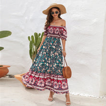 Load image into Gallery viewer, Bohemian Beach Holiday Dress off Shoulder Puff Sleeve Floral Mid Length Dress
