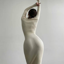 Load image into Gallery viewer, High Collar Mid Length Sunken Stripe Knitted Dress Women Solid Color Wool Tight Sexy Autumn Winter Dress