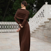 Load image into Gallery viewer, Fall Winter Elegant Long Sleeve Solid Color Knitted Slim Fit Maxi Dress Office Irregular Asymmetric Collar Dress for Women