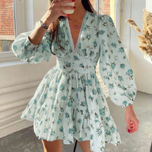 Load image into Gallery viewer, Spring Women Clothing Sweet Elegance Printed V neck Lace Waist Trimming Short Dress