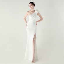 Load image into Gallery viewer, One Shoulder Three Dimensional Floral Satin Folding High Slit Sexy Evening Dress Dinner Wedding Social