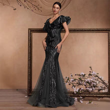 Load image into Gallery viewer, Elegant Ruffle Sleeve Sequin Elegant Cocktail Party Dinner Dress Backless Luxury Fishtail Graduation Evening