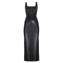 Load image into Gallery viewer, Women Clothing Square Collar Low Cut Drawstring Slim Fit Leather Dress Sexy Sheath Split Dress