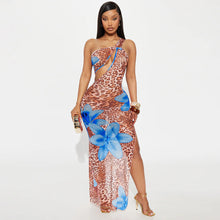Load image into Gallery viewer, Women Clothing Diagonal Collar Hollow Out Cutout out See through Mesh Floral Print Dress