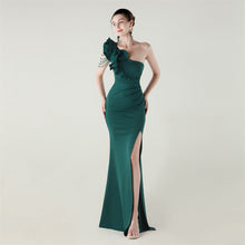 Load image into Gallery viewer, One Shoulder Craft Beading Wave Floral Satin High Slit Sexy Evening Dress Dinner Party Wedding Social