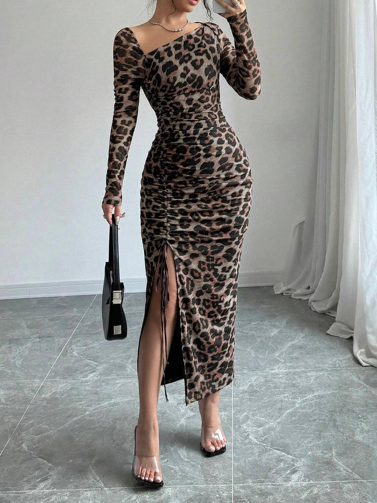 Leopard Print Dress Autumn Winter Sexy Slim Hip Sexy Long Sleeve Inner Wear Office