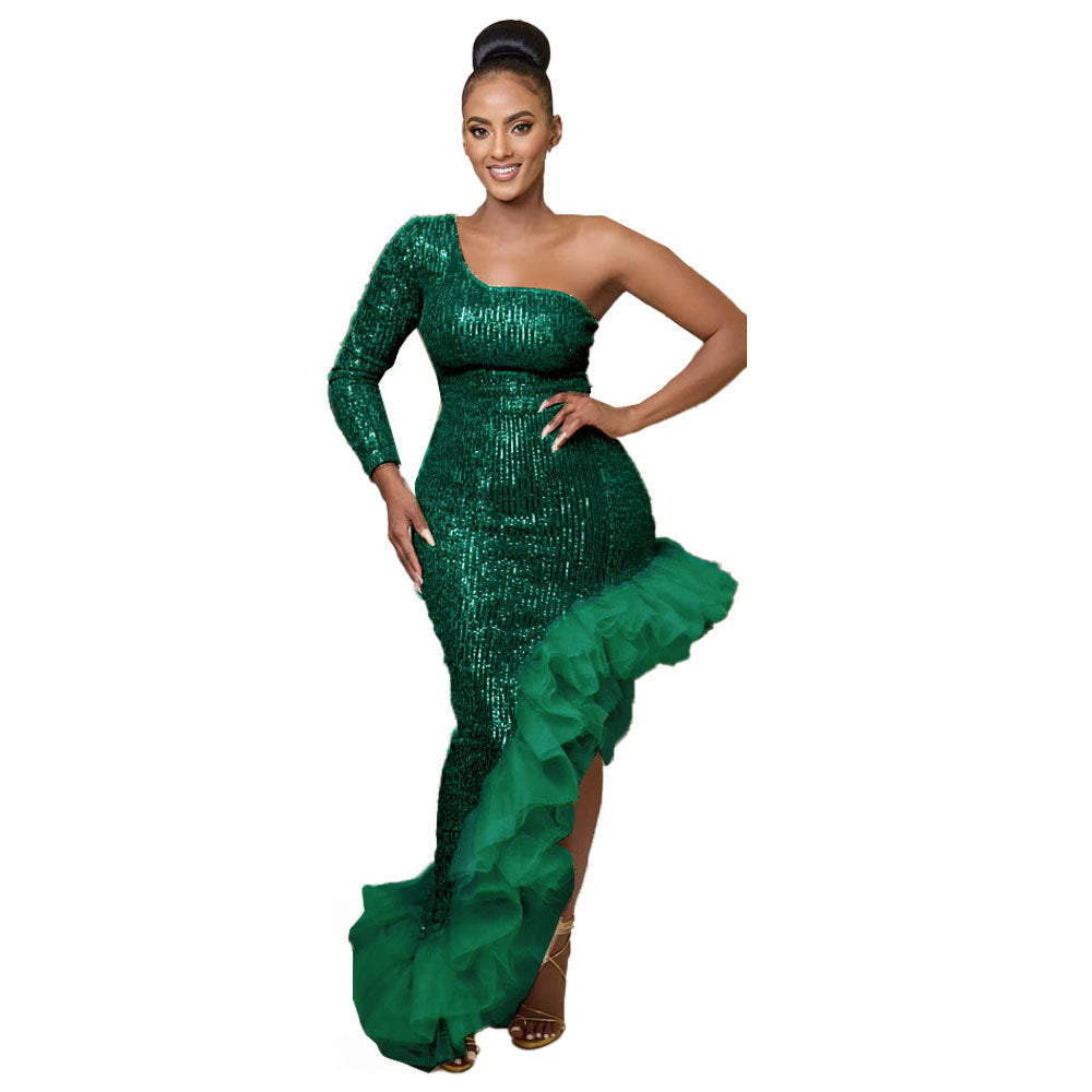 Sexy Sequin Single Shoulder Mesh Stitching Irregular Asymmetric Dress