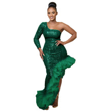 Load image into Gallery viewer, Sexy Sequin Single Shoulder Mesh Stitching Irregular Asymmetric Dress