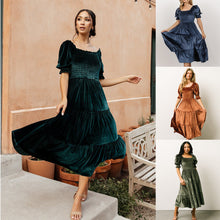 Load image into Gallery viewer, Spring Summer Gold Velvet Square Collar Ruffles High Waist Tight Office Dress